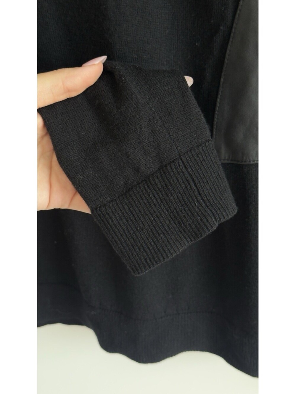 Rag & Bone Black Wool Knit Sweater Leather Panel Crew Neck Medium - Picture 5 of 7